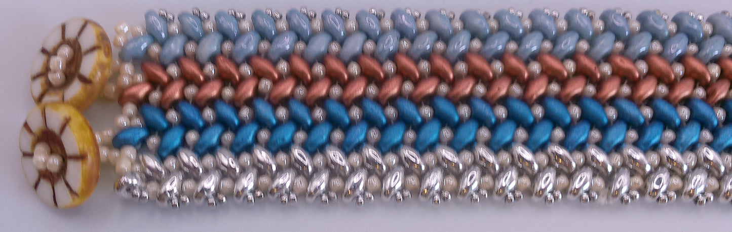 Knit Herringbone Bracelet with silver, bronze and blue stripes