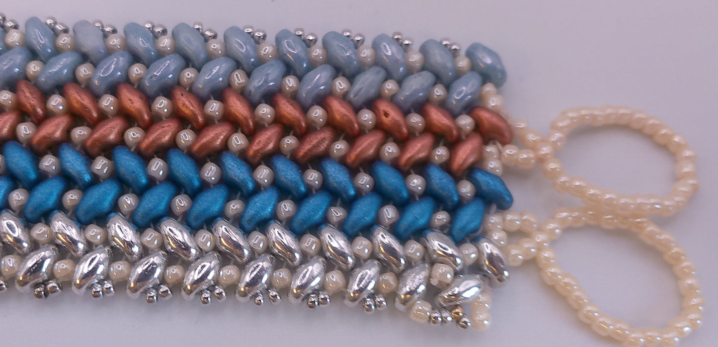Knit Herringbone Bracelet with silver, bronze and blue stripes