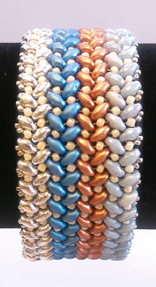 Knit Herringbone Bracelet with silver, bronze and blue stripes